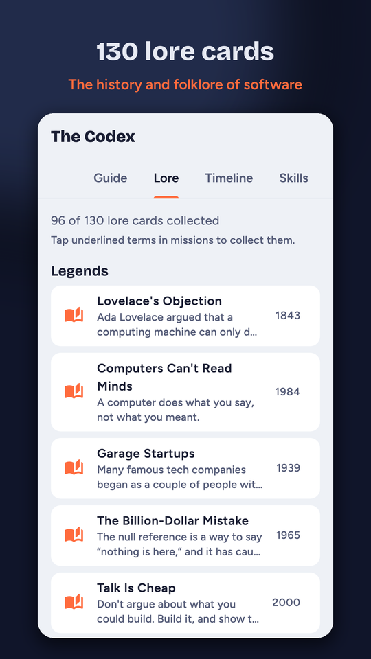 Collectible codex card on dev history